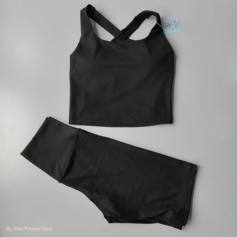 Ensemble de Yoga 2 pièces pour femmes, soutien-gorge de sport d'entraînement, vêtements de sport, Fitness, manches longues, haut court, short taille haute, combinaisons de sport