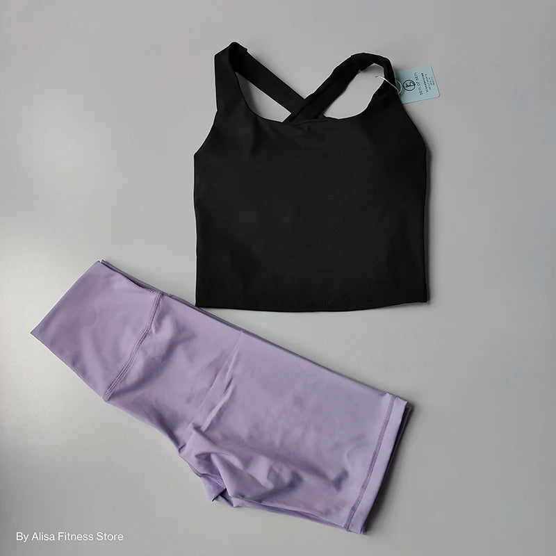 Ensemble de Yoga 2 pièces pour femmes, soutien-gorge de sport d'entraînement, vêtements de sport, Fitness, manches longues, haut court, short taille haute, combinaisons de sport