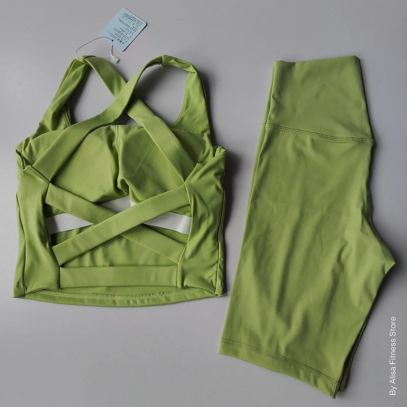 Ensemble de Yoga 2 pièces pour femmes, soutien-gorge de sport d'entraînement, vêtements de sport, Fitness, manches longues, haut court, short taille haute, combinaisons de sport