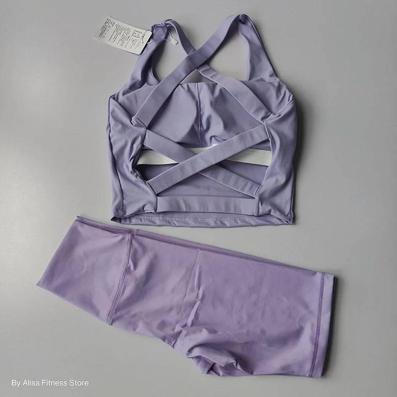 Ensemble de Yoga 2 pièces pour femmes, soutien-gorge de sport d'entraînement, vêtements de sport, Fitness, manches longues, haut court, short taille haute, combinaisons de sport