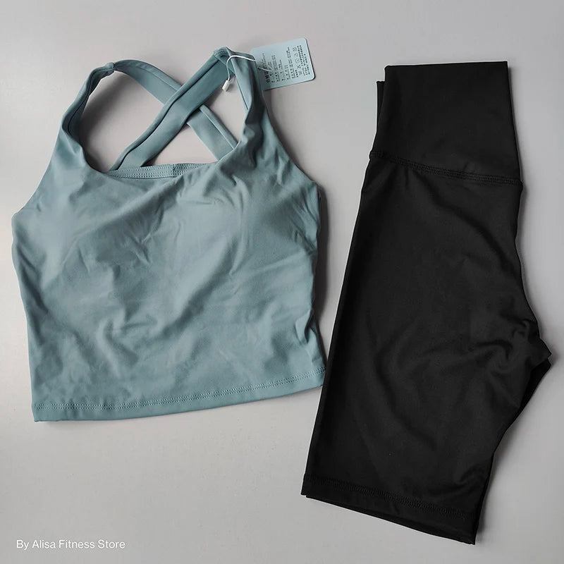Ensemble de Yoga 2 pièces pour femmes, soutien-gorge de sport d'entraînement, vêtements de sport, Fitness, manches longues, haut court, short taille haute, combinaisons de sport